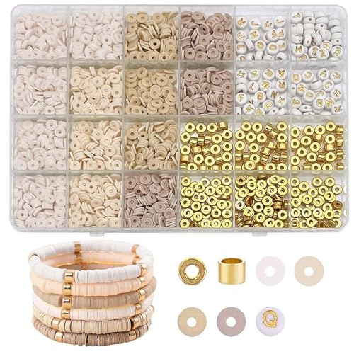 XoeLLe Perlen für Armbänder, 2064Stück Perlen Auffädeln Tonperlen Perlenset Buchstabenperlen Clay Beads Machen Perlen Bunte Selber Perlen Geschenke Weihnachten Geburtstage Halsketten (Beige) von XoeLLe