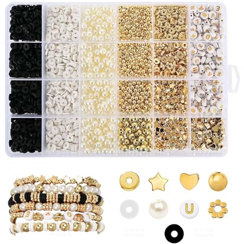 XoeLLe Perlen für Armbänder, 2580Stück Perlen Auffädeln Tonperlen Perlenset Buchstabenperlen Clay Beads Machen Perlen Bunte Selber Perlen Geschenke Weihnachten Geburtstage Halsketten (Schwarz) von XoeLLe