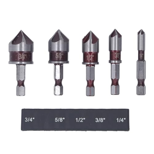 Xolsurg Countersink Drill Bit Set 5 Flöte Hex Shank Holzleistung Bohrbehörden Zubehör Verarbeitung Kunststoffplatten niedrige Härte 1/4 3/8 1/2 5/8 3/4in von Xolsurg