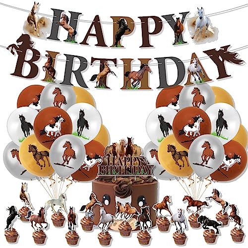 Pferde Geburtstagsdeko, luftballons Geburtstag, Kindergeburtstag Deko, Geburtstag Deko for Mädchen und Junge, Pferde Birthday Party Supplies Includes Happy Birthday Banner, Cupcake Topper, ballons von XongSyue