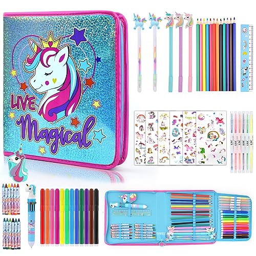 Einhorn Geschenke für Mädchen 3 4 5 6 7 8 Jahre, Einhorn Federmäppchen Filzstifte Glitzerstifte Aufklebern, Auswaschbar Malset für Kinder, Spielzeug Mädchen Einschulung Geschenk Malkoffer Malstifte von Xourspaty