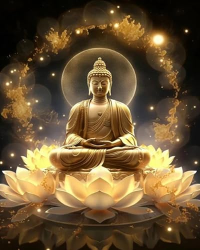 Xpdnmilq DIY Kreuzstichset für Anfängermit Muster und Anleitung vorgedrucktes11CT Stickset für ErwachseneHeimwanddekoration – goldene Buddha-Statue – 40x50cm von Xpdnmilq