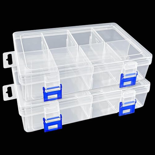 Xpieoyrm 2 Stück Aufbewahrungsbox für Kleinteile, Rechteckige Sortierboxen mit 8 Verstellbaren Fächern und Deckel, für Schrauben, Perlen, Saatgut und Schmuck, Stabiler Organizer für im Haushalt von Xpieoyrm