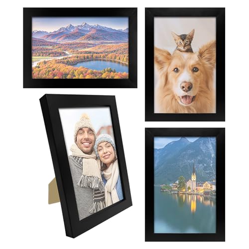 Xpieoyrm 4 Pack Bilderrahmen 6 Zoll, Schwarzer MDF Holz Bilderrahmen mit bruchsicherem Acrylglas 10x15cm, zum Aufhängen und Aufstellen, Moderner Fotorahmen für Wände und Tische, für Fotos, Poster von Xpieoyrm