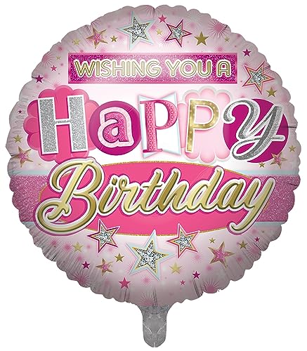 Ballon "Express Yourself" zum Geburtstag mit einem hellrosa runden Ballon mit Start-Design mit Happy Birthday-Eigenschaften. von Xpress Yourself