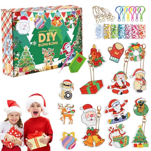 Xpwghap Diamond Painting Adventskalender 2024,adventskalender Diamond Painting,Diamond Painting Weihnachten Anhänger, Malerei Schlüsselanhänger Anhänger Kits Für Kinder 24 Tage Überraschung Geschenke von Xpwghap