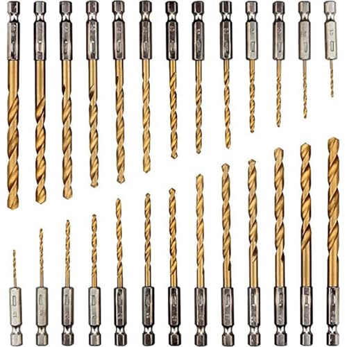 Xrten 26 teiliges Titan Bohrerset, Schnellwechsel Bohrer Sechskant Schaft, 1,5-5 mm Schnellarbeitsstahl, 1/4" Sechskantschaft Metallbohrer Set für Metall Holz und Kunststoff von Xrten