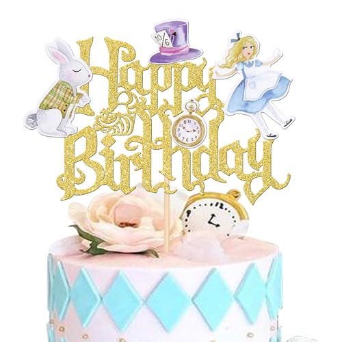 Xsstarmi 1 Packung Alice Happy Birthday Kuchenaufsatz Taschenuhr Kaninchen Kuchen Pick Magical Mad Hatter Kuchen Dekorationen für Alice im Wunderland Thema Happy Birthday Babyparty Party Supplies Gold von Xsstarmi