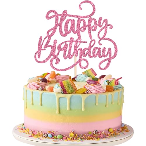 Xsstarmi 1 Packung Happy Birthday Cake Topper Glitter Happy Birthday Schild Kuchen Pick für Feiern Happy Birthday Jubiläum Thema Party Kuchen Dekorationen Supplies Rosa von Xsstarmi