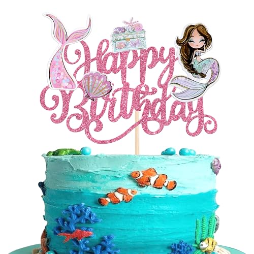 Xsstarmi 1 Packung Meerjungfrau Happy Birthday Cake Topper Unter dem Meer Muschel Seestern Kuchen Pick Meerjungfrau Schwanz Kuchen Dekorationen für Meerjungfrau Thema Happy Birthday Baby Shower Party von Xsstarmi