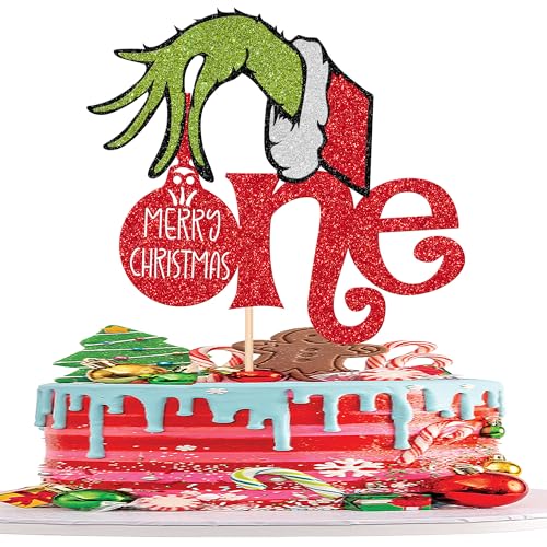 Xsstarmi 1 Packung Merry Christmas Cake Topper Glitter Christmas Hand 1. Geburtstag Kuchen Pick Dekoration für Grinch-Weihnachten Thema Babyparty 1. Geburtstag Party Kuchen Dekorationen Supplies von Xsstarmi