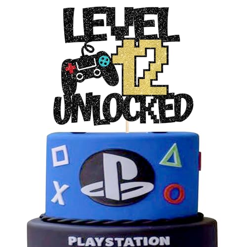 Xsstarmi 1 Packung Tortendeko 12. Geburtstag Tortenaufsatz Glitzer Videospiel Kuchen Topper für Level 12 Unlocked 12. Geburtstag Zubehör für Party Kuchen Dekorationen von Xsstarmi