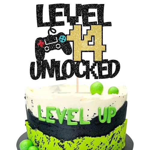 Xsstarmi 1 Packung Tortendeko 14. Geburtstag Tortenaufsatz Glitzer Videospiel Kuchen Topper für Level 14 Unlocked 14. Geburtstag Zubehör für Party Kuchen Dekorationen von Xsstarmi