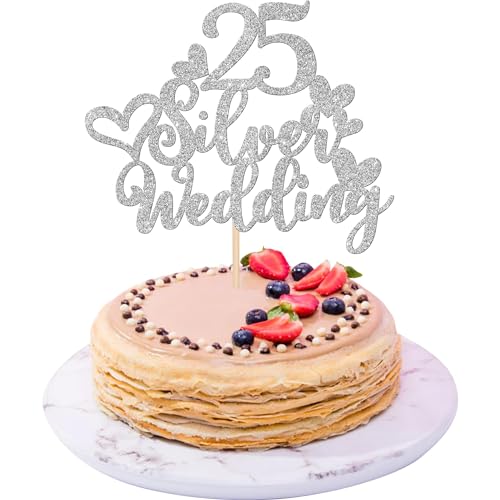 Xsstarmi 1 Packung Tortendeko 25. Hochzeit Jubiläum Tortenaufsatz Glitzer 25 Silver Wedding Anniversary Kuchen Topper 25. Silber Hochzeit Jubiläum Zubehör für Party Kuchen Dekorationen Silber von Xsstarmi