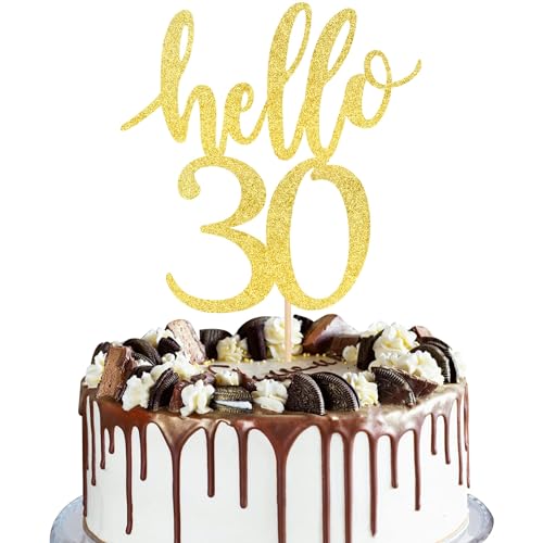 Xsstarmi 1 Packung Tortendeko 30. Geburtstag Tortenaufsatz Glitzer Hello 30 Kuchen Topper für Happy 30th Birthday 30. Geburtstag Hochzeit Jubiläum Zubehör für Party Kuchen Dekorationen Gold von Xsstarmi