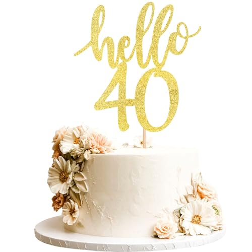 Xsstarmi 1 Packung Tortendeko 40. Geburtstag Tortenaufsatz Glitzer Hello 40 Kuchen Topper für Happy 40th Birthday 40. Geburtstag Hochzeit Jubiläum Zubehör für Party Kuchen Dekorationen Gold von Xsstarmi