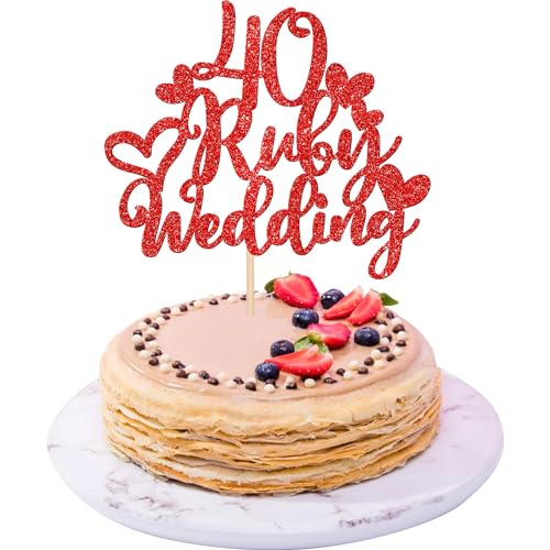 Xsstarmi 1 Packung Tortendeko 40. Hochzeit Jubiläum Tortenaufsatz Glitzer 40 Ruby Wedding Anniversary Kuchen Topper 40. Rubin Hochzeit Jubiläum Zubehör für Party Kuchen Dekorationen Rot von Xsstarmi