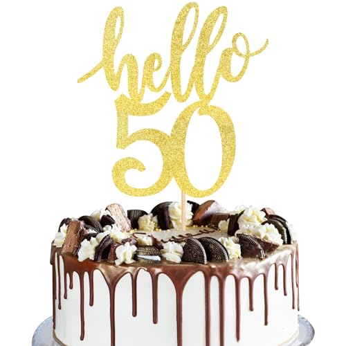 Xsstarmi 1 Packung Tortendeko 50. Geburtstag Tortenaufsatz Glitzer Hello 50 Kuchen Topper für Happy 50th Birthday 50. Geburtstag Hochzeit Jubiläum Zubehör für Party Kuchen Dekorationen Gold von Xsstarmi