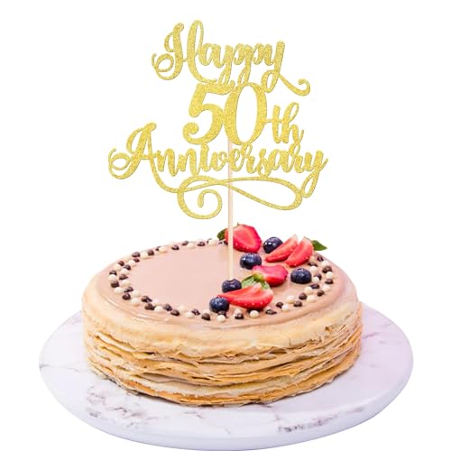 Xsstarmi 1 Packung Tortendeko 50. Jahrestag Tortenaufsatz Glitzer Happy 50th Anniversary Kuchen Pick 50. Hochzeitstag Kuchen Dekorationen für Hochzeitstag Brautparty Geburtstag Party Zubehör Gold von Xsstarmi