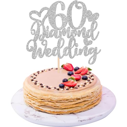 Xsstarmi 1 Packung Tortendeko 60. Hochzeit Jubiläum Tortenaufsatz Glitzer 60 Diamond Wedding Anniversary Kuchen Topper 60. Diamant Hochzeit Jubiläum Zubehör für Party Kuchen Dekorationen Silber von Xsstarmi