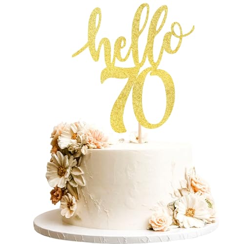 Xsstarmi 1 Packung Tortendeko 70. Geburtstag Tortenaufsatz Glitzer Hello 70 Kuchen Topper für Happy 70th Birthday 70. Geburtstag Hochzeit Jubiläum Zubehör für Party Kuchen Dekorationen Gold von Xsstarmi