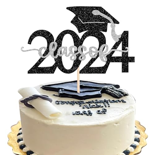 Xsstarmi 1 Packung Tortendeko Abschluss 2024 Graduation Tortenaufsatz Glitzer Grad Cap Kuchen Pick Congrats Grad Kuchen dekorationen Class of 2024 Graduation Abschluss Party Zubehör Schwarz Silber von Xsstarmi