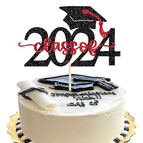 Xsstarmi 1 Packung Tortendeko Abschluss 2024 Graduation Tortenaufsatz Glitzer Schwarz Rot Grad Cap Kuchen Topper Dekoration für Class of 2024 Graduation Zubehör für Party Kuchen Dekorationen von Xsstarmi