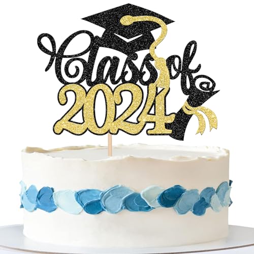 Xsstarmi 1 Packung Tortendeko Abschluss 2024 Tortenaufsatz Glitzer Class of 2024 Congrats Grad Kuchen Topper für Abschluss 2024 Graduation Zubehör für Party Kuchen Dekorationen Schwarz Gold von Xsstarmi