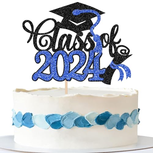 Xsstarmi 1 Packung Tortendeko Abschluss 2024 Tortenaufsatz Glitzer Class of 2024 Kuchen Pick Congrats Grad Kuchen dekorationen für Abschluss 2024 Graduation Party Zubehör Schwarz Blau von Xsstarmi