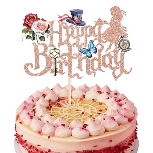 Xsstarmi 1 Packung Tortendeko Alice Geburtstag Tortenaufsatz Roségold Verrückter Hutmacher Alice im Wunderland Kuchen Topper Dekoration für Kindergeburtstag Zubehör für Party Kuchen Dekorationen von Xsstarmi