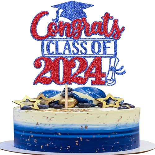 Xsstarmi 1 Packung Tortendeko Congrats Class of 2024 Tortenaufsatz Glitzer Blau Rot Abschluss 2024 Kuchen Topper Dekoration Congrats Grad 2024 Zubehör für Party Kuchen Dekorationen von Xsstarmi