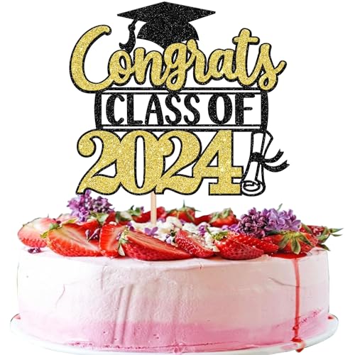 Xsstarmi 1 Packung Tortendeko Congrats Class of 2024 Tortenaufsatz Glitzer Schwarz Gold Abschluss 2024 Kuchen Topper Dekoration für 2024 Graduation Zubehör für Party Kuchen Dekorationen von Xsstarmi