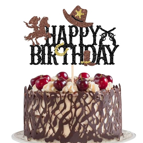 Xsstarmi 1 Packung Tortendeko Cowboy Geburtstag Tortenaufsatz Glitzer Happy Birthday Kuchen Topper für Western Cowboy Geburtstag Zubehör für Party Kuchen Dekorationen Schwarz von Xsstarmi