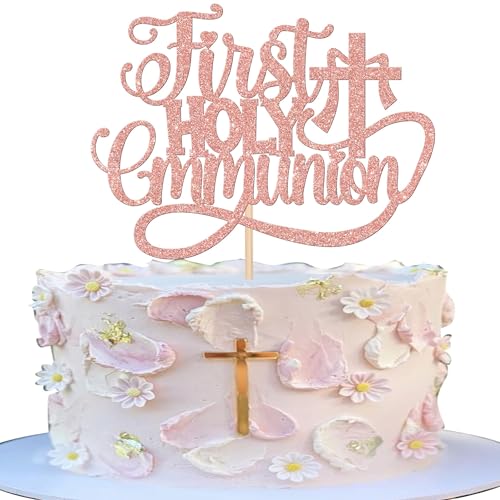 Xsstarmi 1 Packung Tortendeko Die Erste Kommunion Tortenaufsatz Glitzer First Communion Kuchen Pick Kreuz Erste Taufe Kuchen dekorationen für Christliche Taufe Geburtstag Party Zubehör Roségold von Xsstarmi