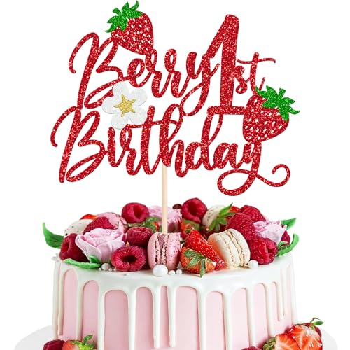 Xsstarmi 1 Packung Tortendeko Erdbeere 1. Geburtstag Tortenaufsatz Glitzer Rot Erdbeere Happy Birthday Kuchen Topper Dekoration für Baby Erster Geburtstag Zubehör für Party Kuchen Dekorationen von Xsstarmi