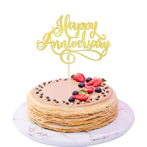 Xsstarmi 1 Packung Tortendeko Frohes Jubiläum Tortenaufsatz Glitzer Happy Anniversary Kuchen Pick Hochzeitstag Kuchen Dekorationen für Hochzeitstag Brautparty Geburtstag Party Zubehör Gold von Xsstarmi