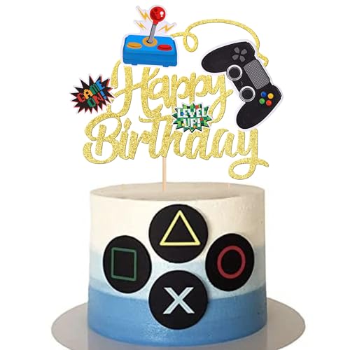 Xsstarmi 1 Packung Tortendeko Happy Birthday Geburtstag Tortenaufsatz Glitzer Gold Videospiel Kuchen Topper Dekoration für Kinder Geburtstag Zubehör für Party Kuchen Dekorationen von Xsstarmi