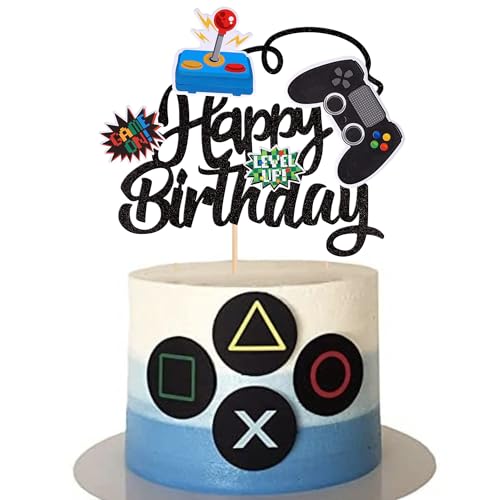 Xsstarmi 1 Packung Tortendeko Happy Birthday Tortenaufsatz Glitzer Videospiel Geburtstag Kuchen Topper für Kinder Geburtstag Zubehör für Party Kuchen Dekorationen Schwarz von Xsstarmi