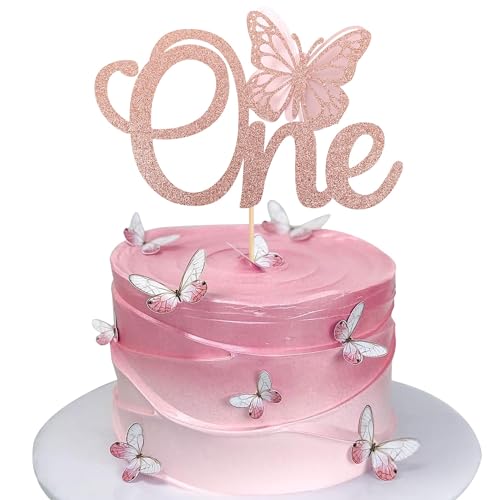 Xsstarmi 1 Packung Tortendeko Schmetterling Eins Tortenaufsatz Glitzer Roségold 1. Geburtstag Kuchen Topper Dekoration Schmetterling Geburtstag Zubehör für Party Kuchen Dekorationen von Xsstarmi