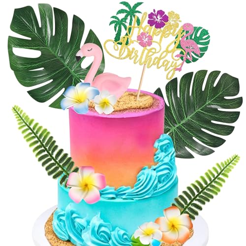 Xsstarmi 11 Stück Flamingo-Kuchenaufsatz, Flamingo, Happy Birthday, Sommer, Kuchendekorationen mit rosa Flamingo, Hibiskusblume, Palmenblätter, für tropische Hawaii-Babyparty, von Xsstarmi