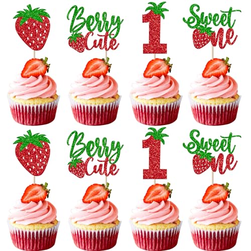 Xsstarmi 24 Packung 1. Geburtstag Cupcake Toppers Glitzer Süße Erdbeere Cupcake Picks für Erster Geburtstag Party Kuchendekoration Rot von Xsstarmi