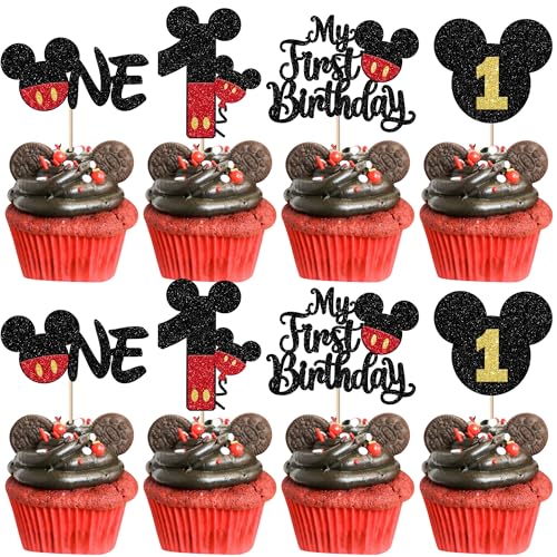 Xsstarmi 24 Packung 1.Geburtstag Cupcake Toppers Glitzer Happy 1th Birthday Cupcake Picks Mausbogen Geburtstag Cupcake Dekoration für Jungen und Mädchen 1. Geburtstag Party Kuchendekoration von Xsstarmi