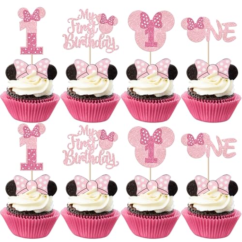 Xsstarmi 24 Packung 1.Geburtstag Cupcake Toppers Glitzer Mausbogen Cupcake Picks Geburtstagsmaus Cupcake Dekoration für Jungen und Mädchen Erster Geburtstag Party Kuchendekoration von Xsstarmi