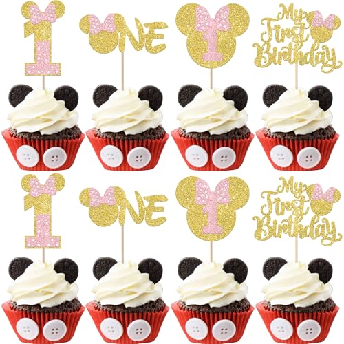 Xsstarmi 24 Packung 1.Geburtstag Cupcake Toppers Glitzer Mausbogen Cupcake Picks Geburtstagsmaus Kuchendekoration für Jungen und Mädchen Erster Geburtstag Partyzubehör von Xsstarmi