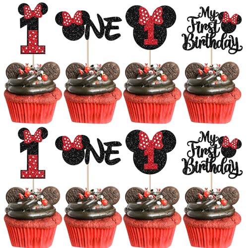 Xsstarmi 24 Packung 1.Geburtstag Cupcake Toppers Glitzer Mausbogen Geburtstag Cupcake Picks Dekoration für Jungen und Mädchen Erster Geburtstag Party Kuchendekoration von Xsstarmi