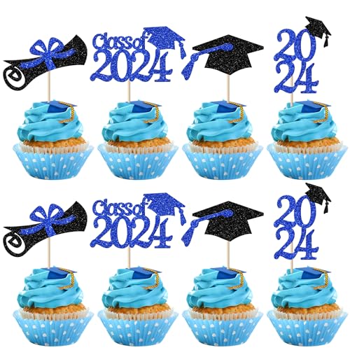 Xsstarmi 24 Packung 2024 Abschluss Cupcake Toppers Glitzer Class of 2024 Cupcake Picks für Congrats Grad 2024 Graduation Party Kuchendekoration Blau Schwarz von Xsstarmi