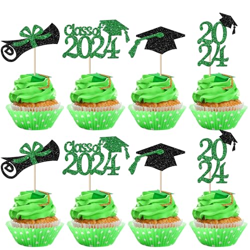 Xsstarmi 24 Packung 2024 Abschluss Cupcake Toppers Glitzer Class of 2024 Cupcake Picks für Congrats Grad 2024 Graduation Party Kuchendekoration Grün Blau von Xsstarmi