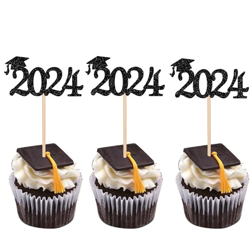 Xsstarmi 24 Packung 2024 Abschluss Cupcake Toppers Glitzer Congrats Grad Cap Cupcake Picks für Diplom Fertig Class of 2024 Graduation Party Kuchendekoration Schwarz von Xsstarmi