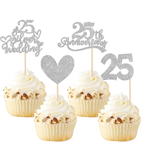 Xsstarmi 24 Packung 25. Hochzeit Jubiläum Cupcake Toppers Glitzer 25 Silver Wedding Anniversary Cupcake Picks für Hochzeitstag 25. Silber Hochzeit Jubiläum Party Kuchendekoration Silber von Xsstarmi