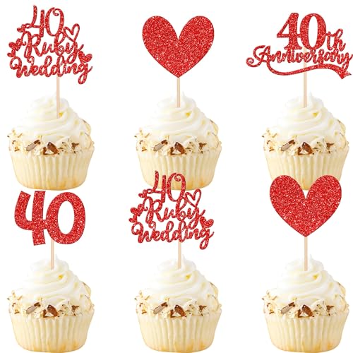 Xsstarmi 24 Packung 40. Hochzeit Jubiläum Cupcake Toppers Glitzer 40 Ruby Wedding Anniversary Cupcake Picks Dekoration für 40. Rubin Hochzeit Jubiläum Party Kuchendekoration Rot von Xsstarmi